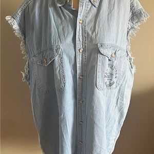 Sleeveless Denim Button-Up Shirt